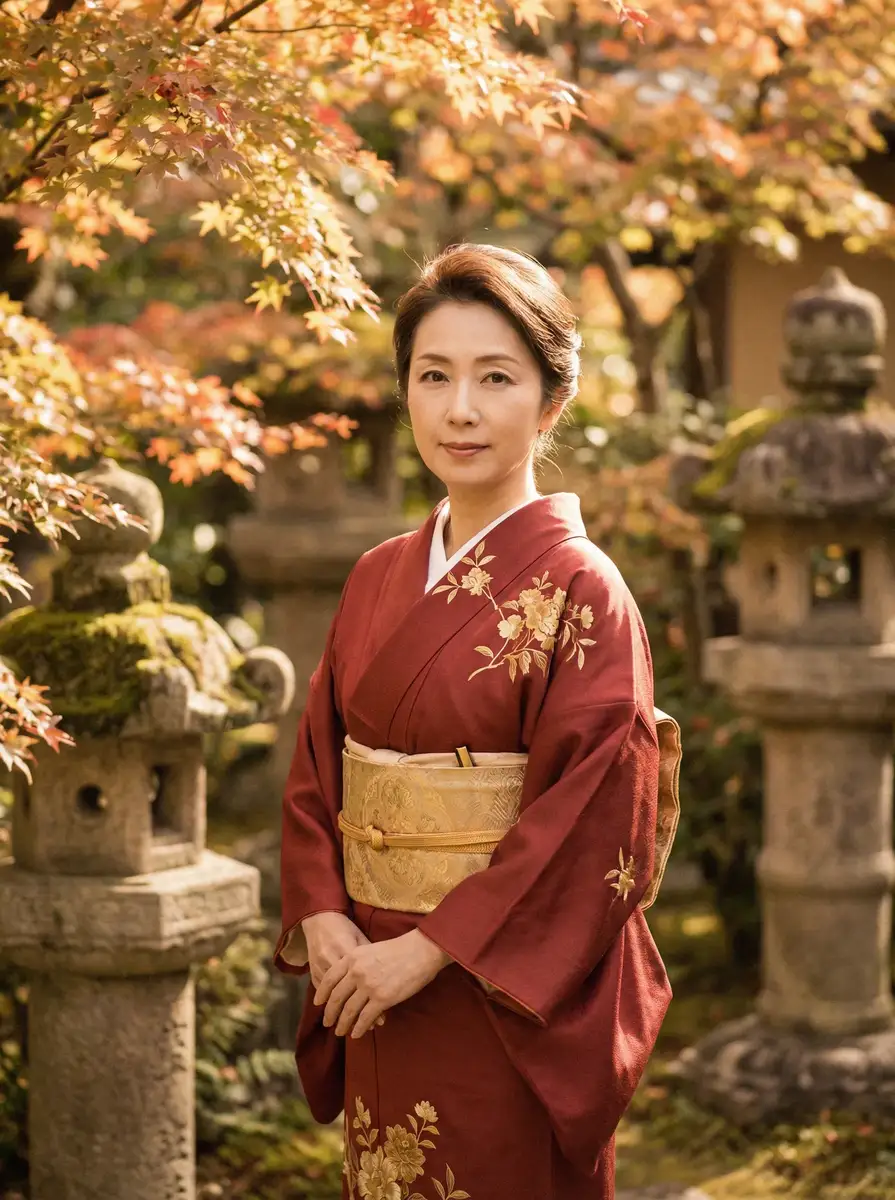 一位身穿暗红色和服的优雅 羽田未来 在日式庭院中