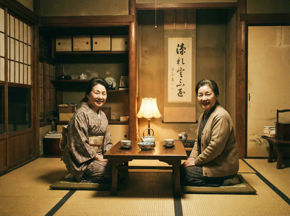 两位优雅的 羽田未来 在日式茶室中品茶交谈